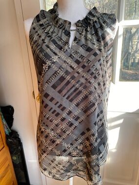 CAbi Black & Gray Plaid-Print Ruffle Neck Camisole